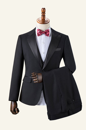 Black Peaked Lapel 3-Piece Costume Homme Tuxedo
